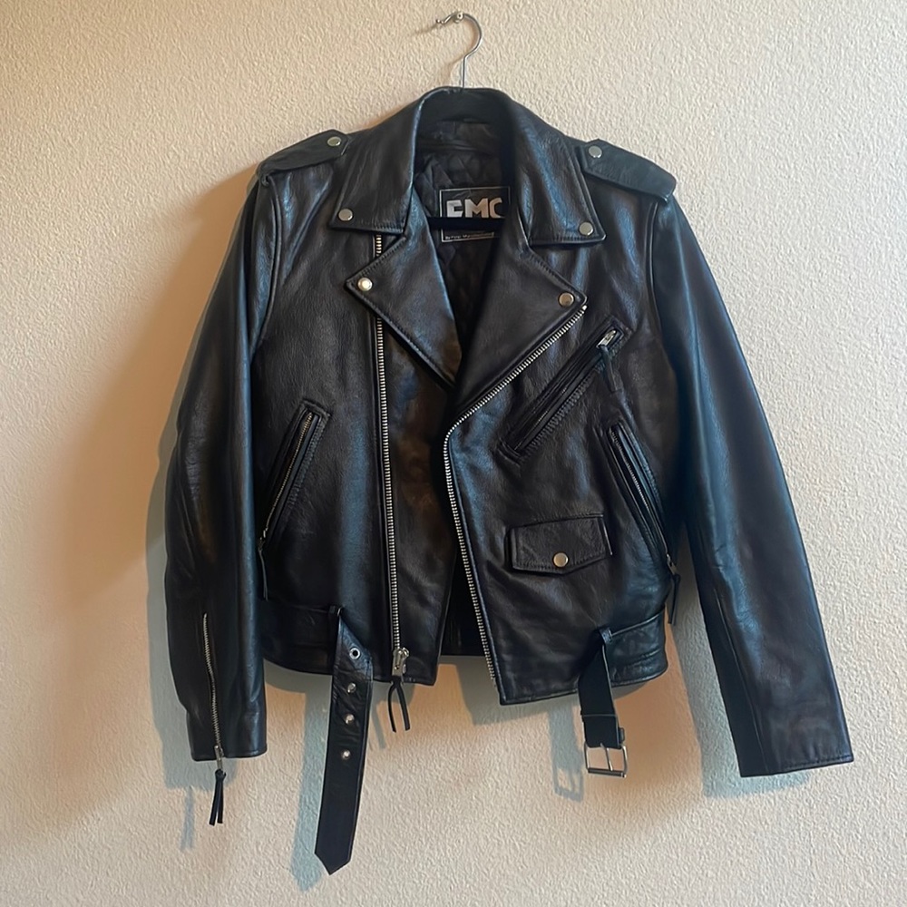 🩵FMC black leather motorcycle biker jacket, immaculate, men’s, size 36